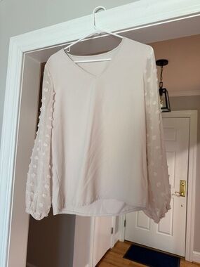 SHEIN Cream Sheer Dot-Sleeve V-Neck Blouse